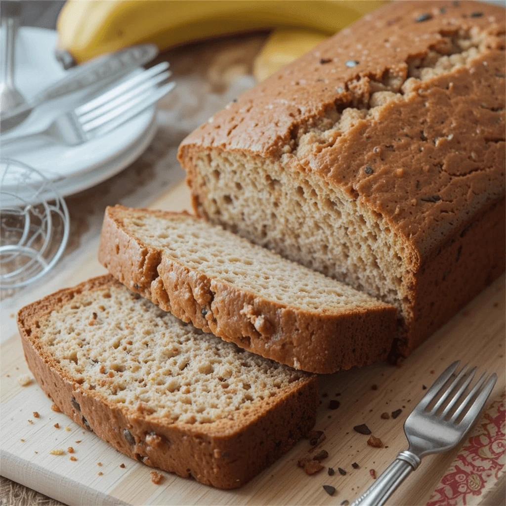 Sliced homemade banana bread with a golden-brown crust, placed on a wooden cutting board, with ripe bananas, utensils, and a fork in the background.