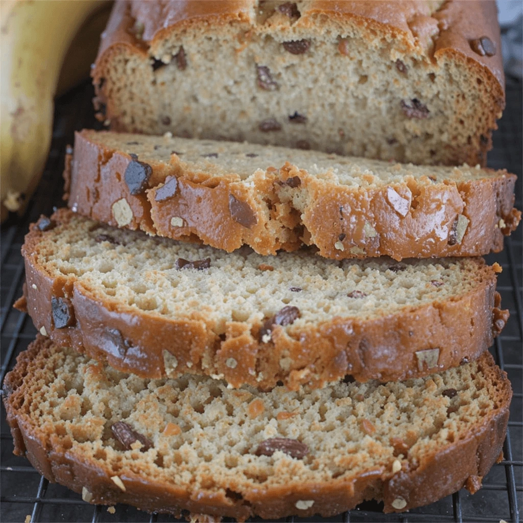 Freshly baked banana bread with chocolate chunks and nuts, sliced and placed on a cooling rack, with ripe bananas in the background.