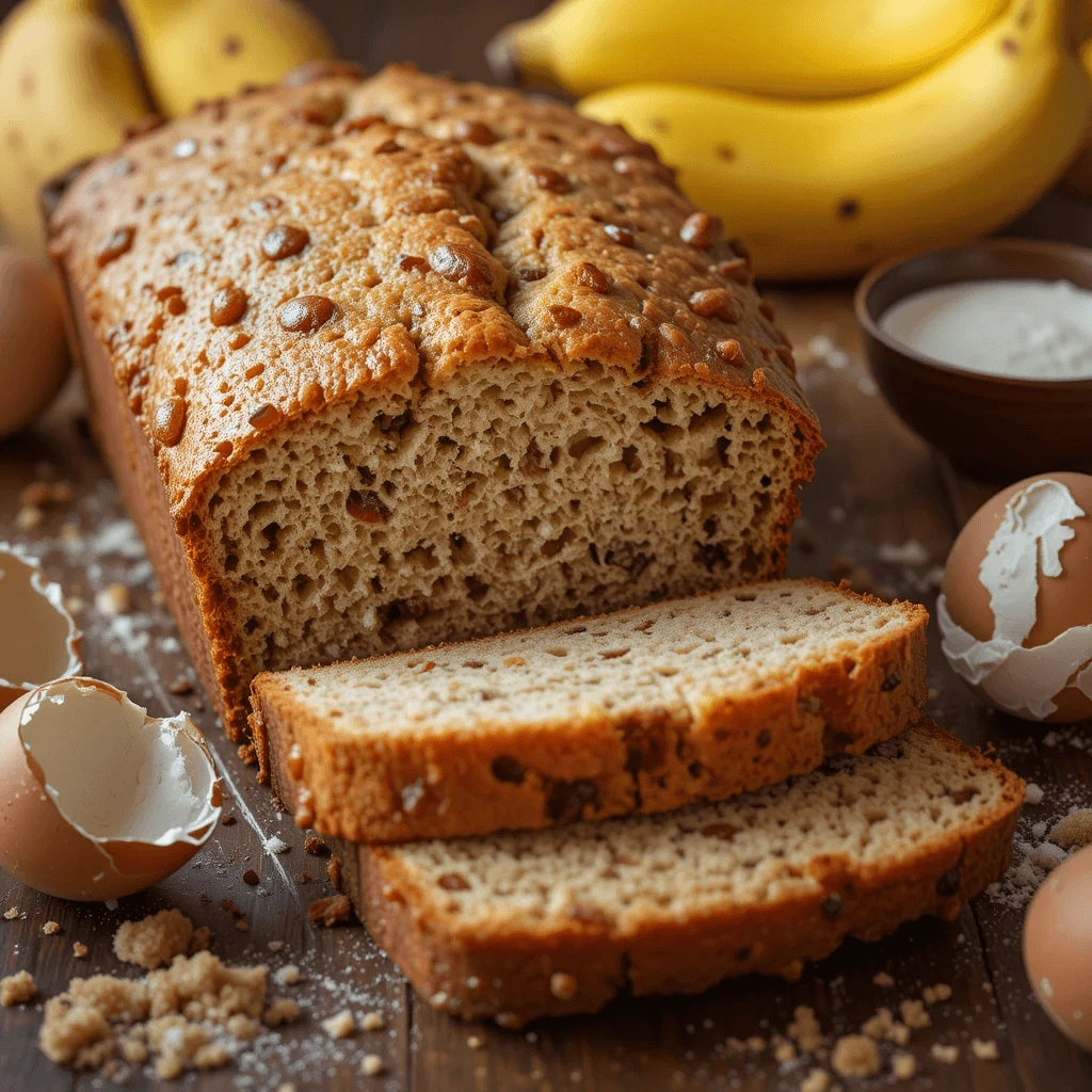 Freshly baked banana bread with a golden crust, sliced and placed on a wooden surface, surrounded by baking ingredients such as eggshells, sugar, and ripe bananas.