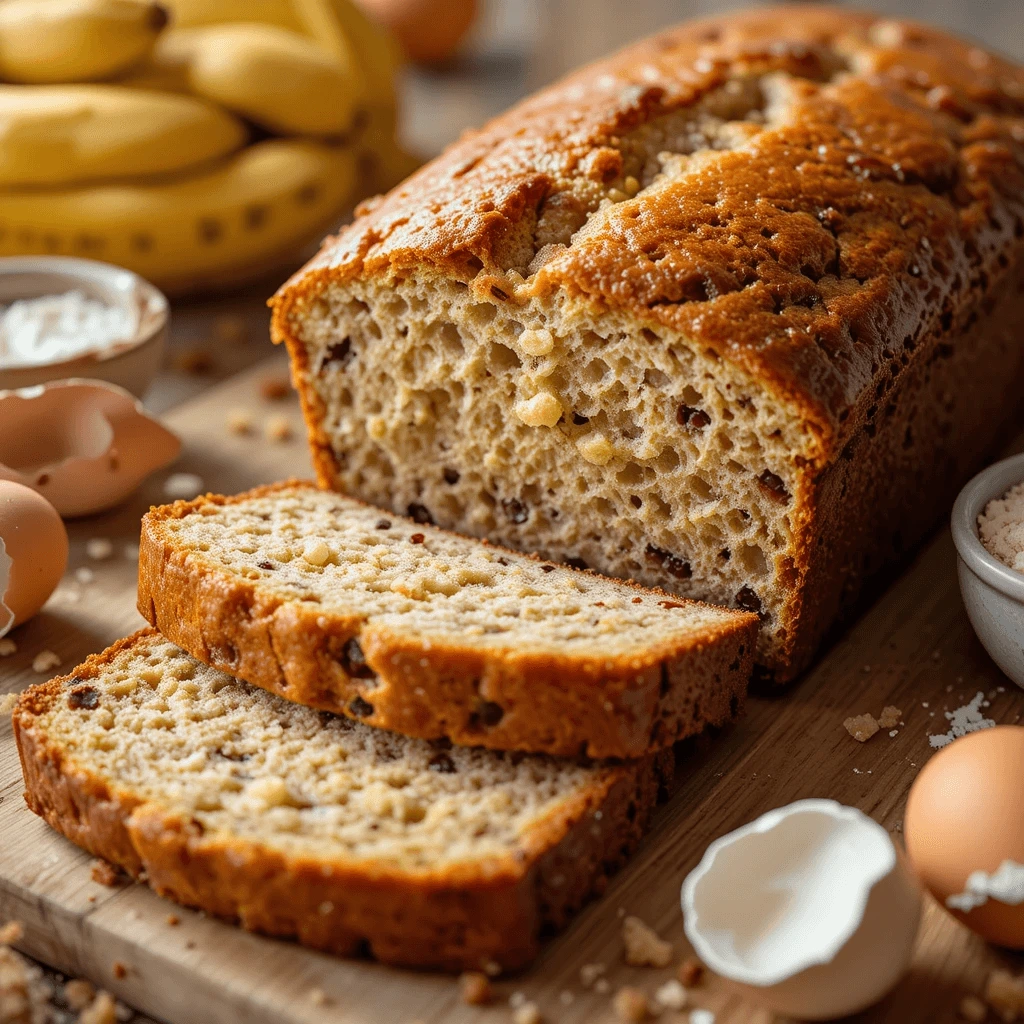 Sliced banana bread with a golden crust, filled with chocolate chips and nuts, surrounded by baking ingredients like eggs, flour, and ripe bananas on a wooden surface.