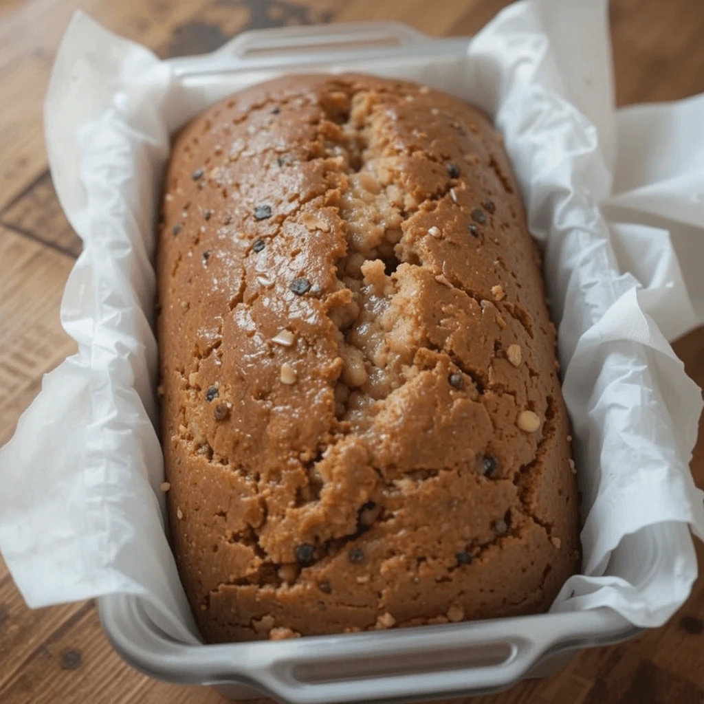  Freshly baked banana bread with chocolate chips and nuts in a parchment-lined baking pan, resting on a rustic wooden surface.