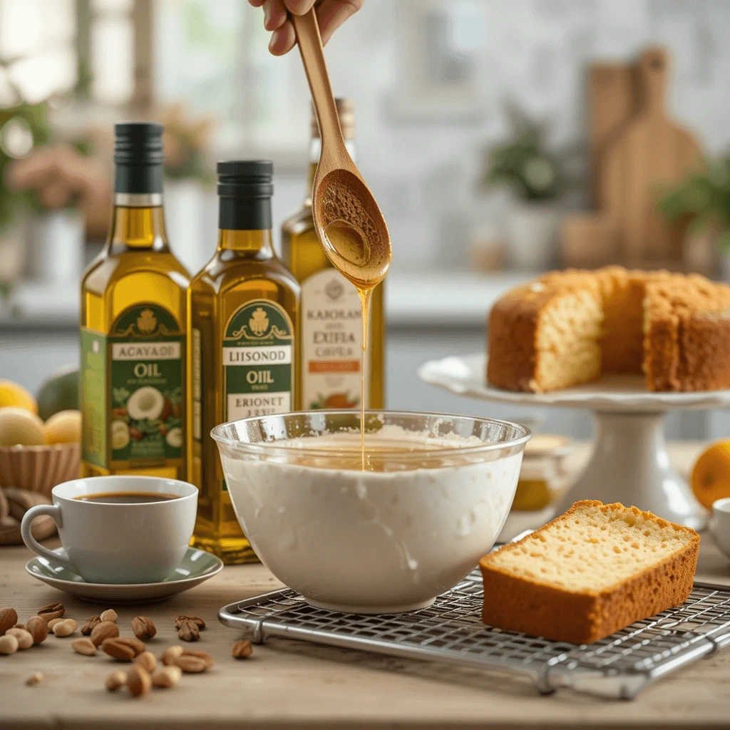 Drizzling healthy oil into cake batter with bottles of premium extra virgin and nut-based oils in a bright kitchen setting.