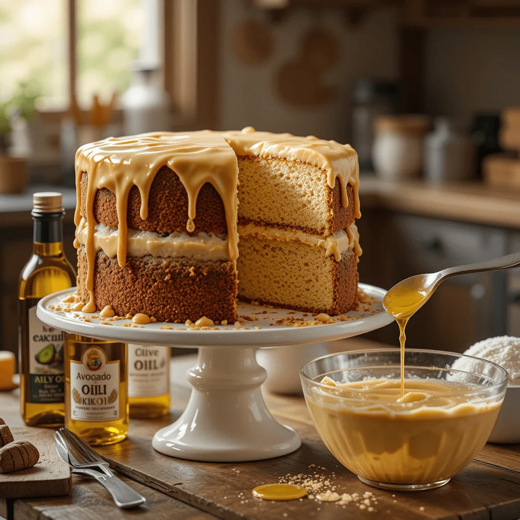 A beautifully layered vanilla cake with caramel glaze, surrounded by bottles of healthy oils, highlighting the healthiest oil for baking cake.