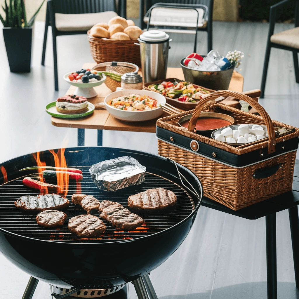 A beautifully arranged No-Fail Cook Out Menu featuring grilled meats, fresh salads, bread rolls, and a picnic basket with marshmallows, all set up for an outdoor barbecue gathering.